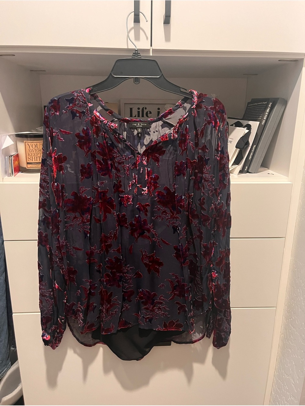 rag & bone Velvet Burnout Floral Blouse in Burgundy and Charcoal